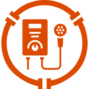 Orange icon of a handset intercom with microphone inside a circular outline