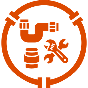 Orange plumbing and repair icon with pipes, wrench, and a stack of coins inside a circular frame