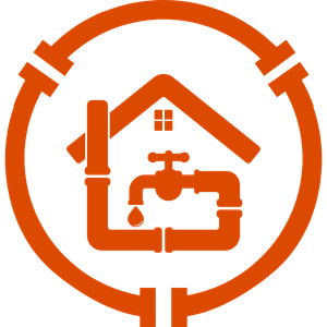Orange water pipe and faucet icon inside a circular frame