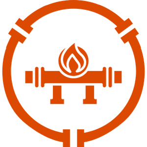 Orange circular logo with a stylized lit torch or flame over a horizontal bar.