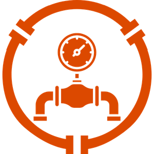 Orange industrial pipe and gauge icon inside a circular outline