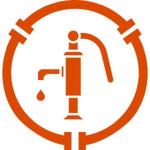 Orange fire hydrant icon inside a circular border with a small water droplet