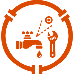Orange circular plumbing icon with faucet, wrench, and water drop