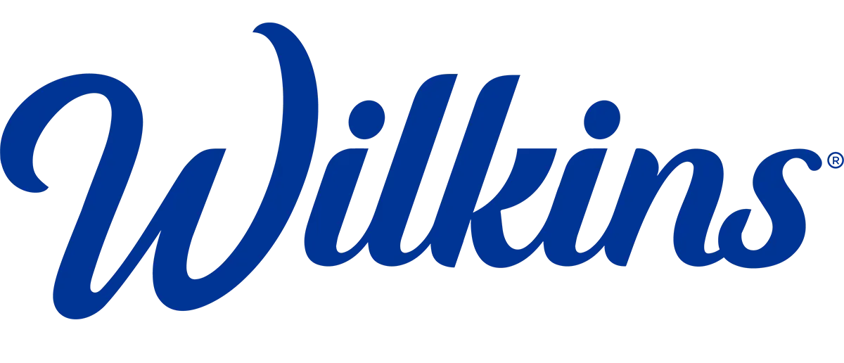 Wilkins logo in blue cursive lettering