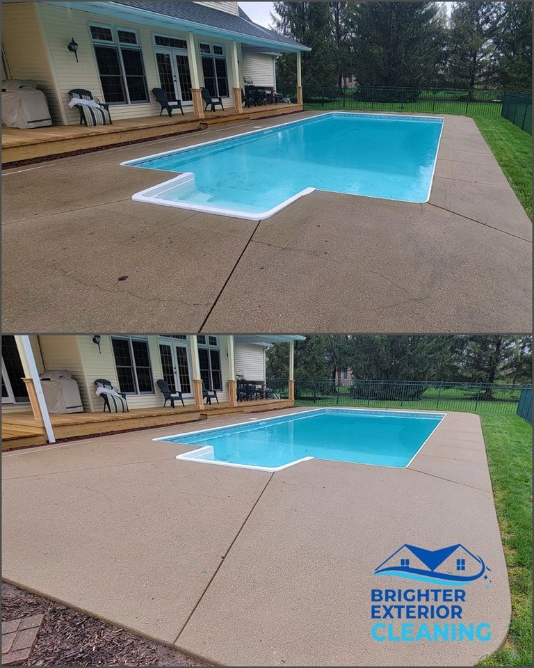 A before and after picture of a swimming pool being cleaned by brighter exterior cleaning.