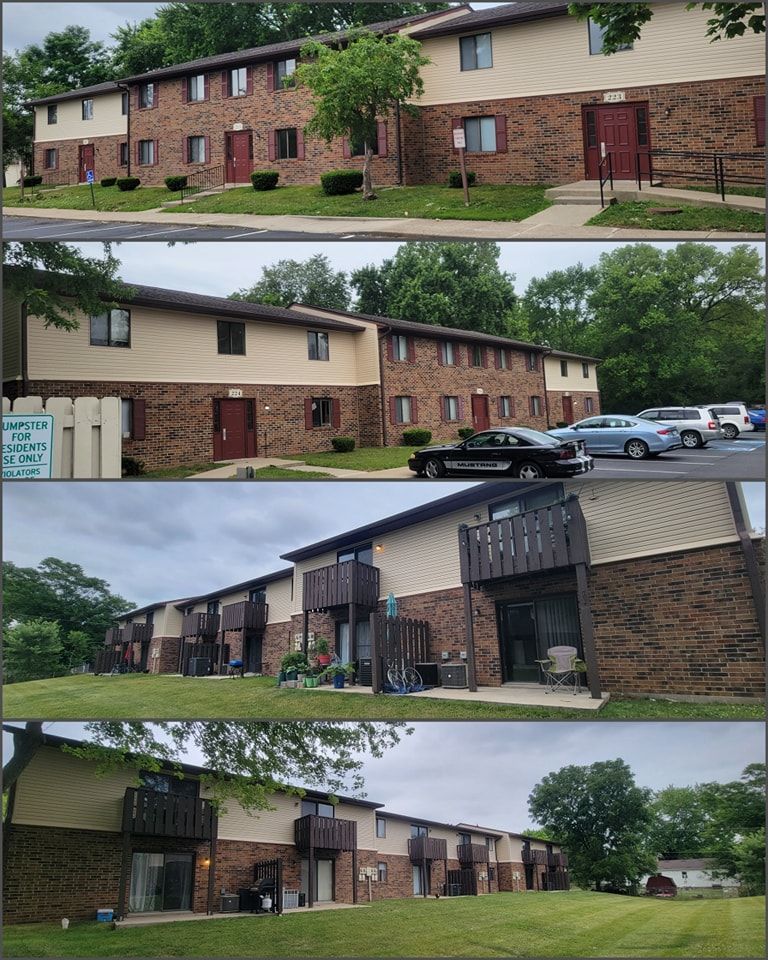 A collage of four pictures of a brick apartment building