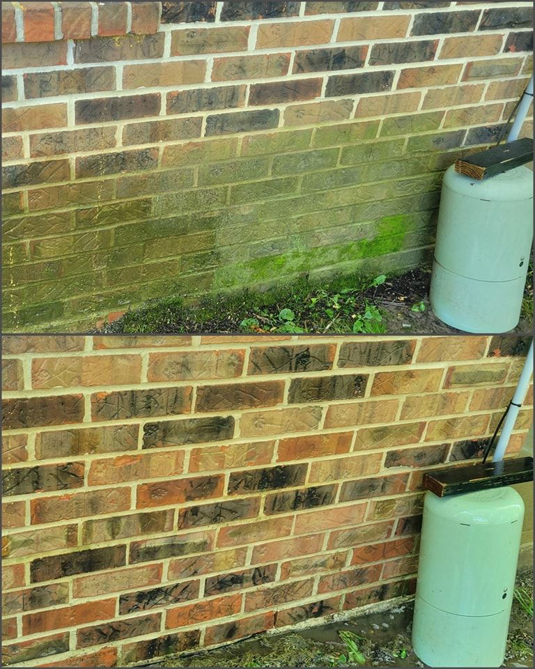 A picture of a brick wall before and after being cleaned.