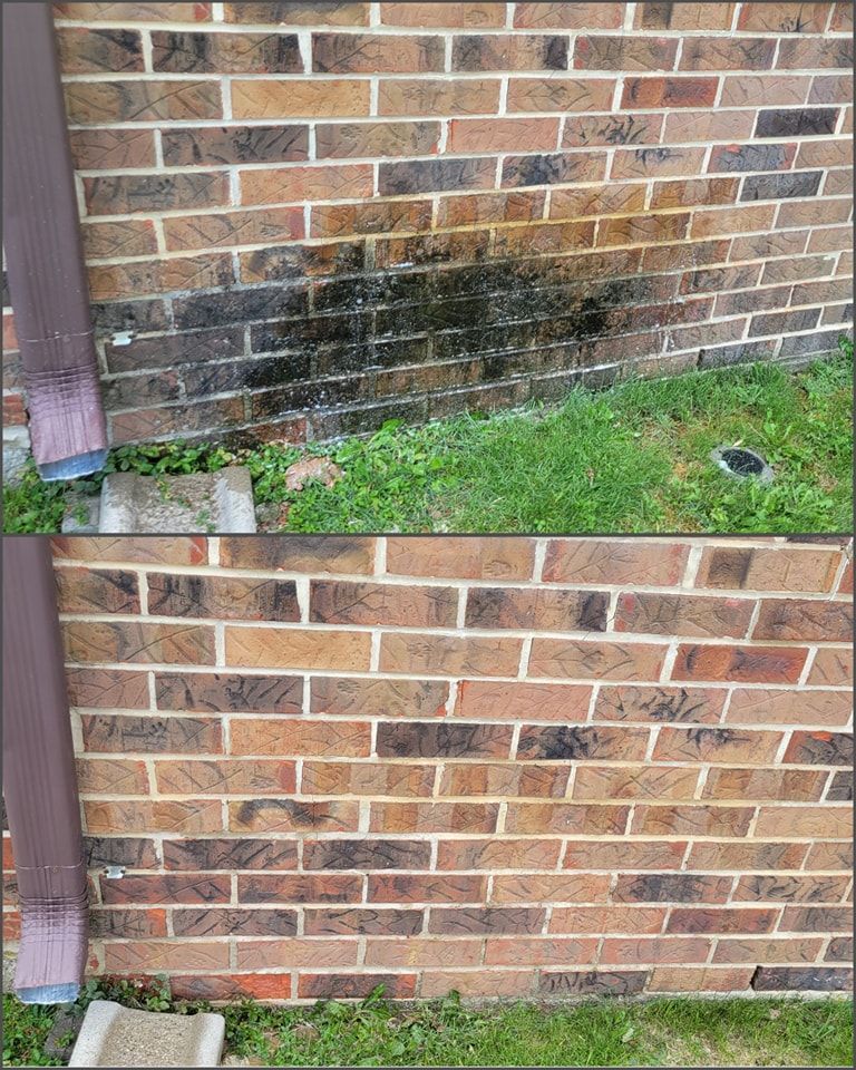A before and after picture of a brick wall cleaning.