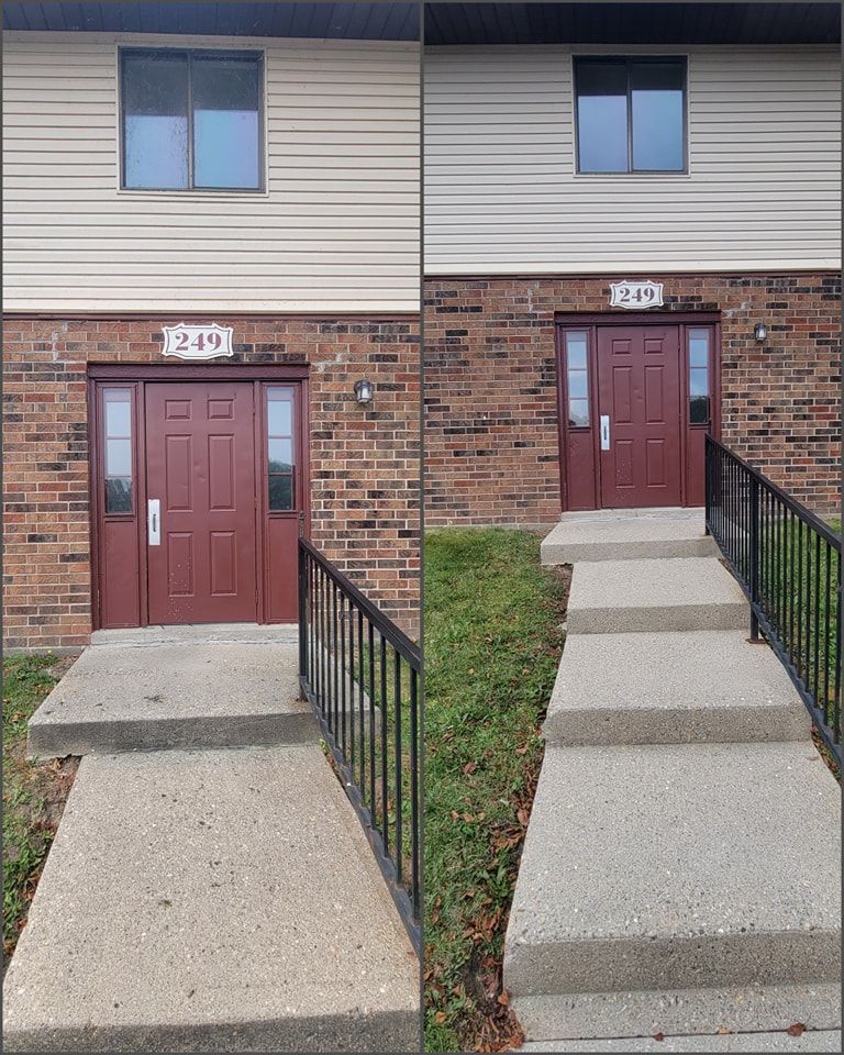 A picture of a cement walkway after being cleaned