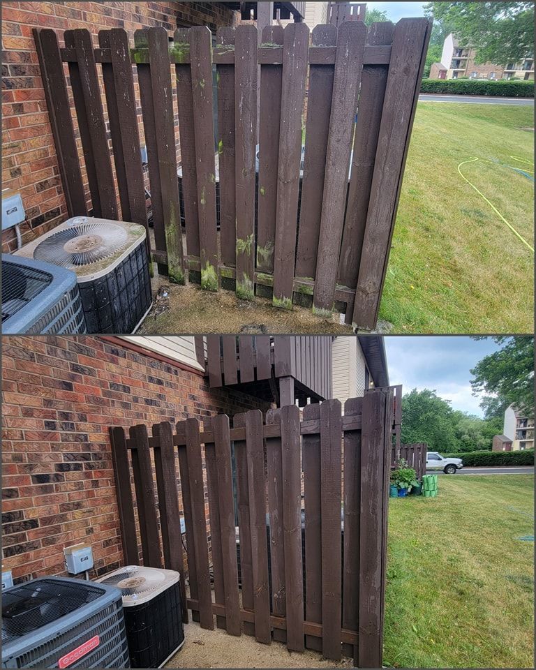 A before and after picture of a wooden fence being cleaned.