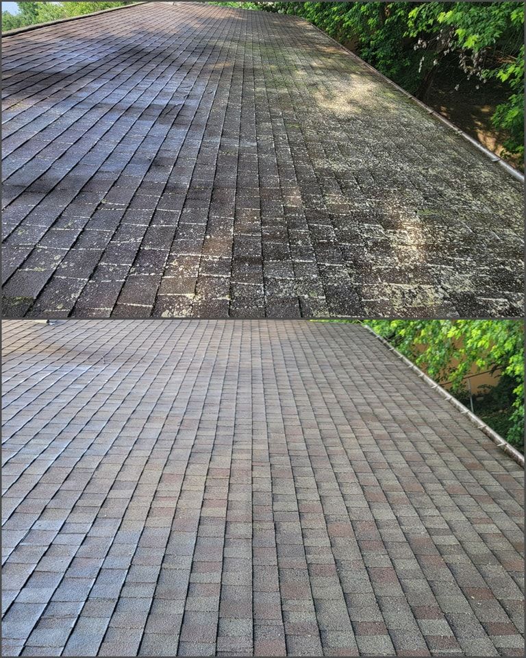 A before and after photo of an asphalt shingle roof cleaning