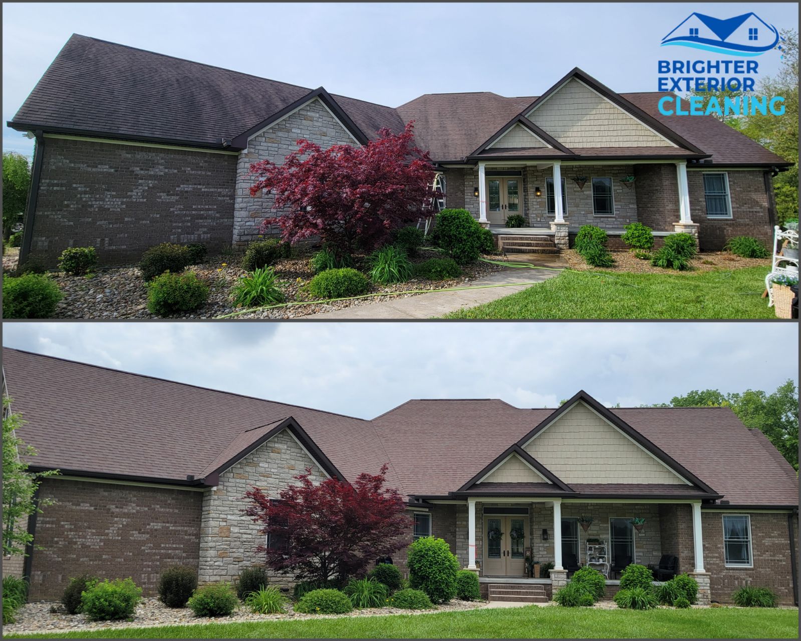 A before and after picture of a roof that has been cleaned by brighter exterior cleaning.