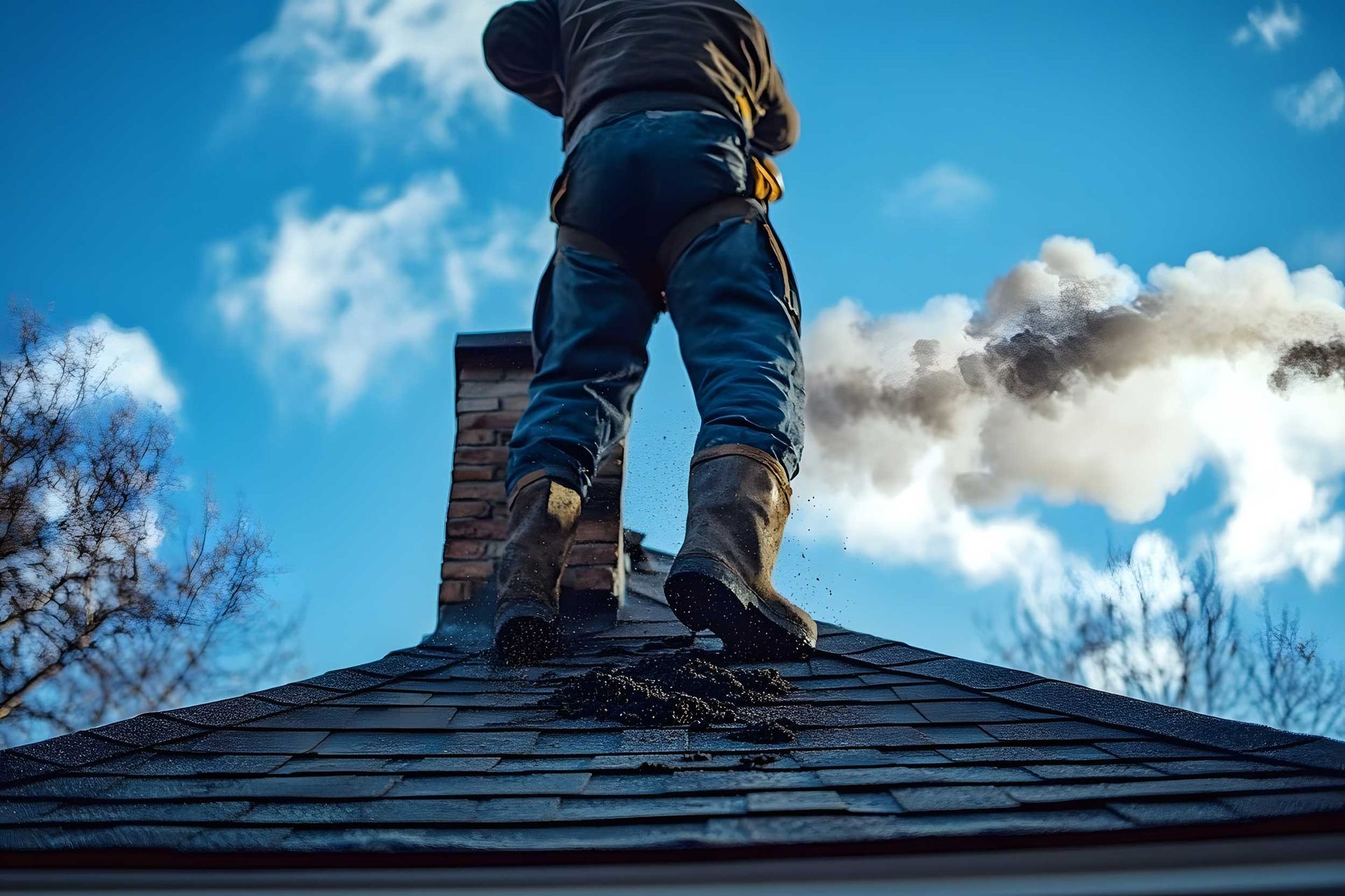 Professional technician providing expert chimney cleaning services on a residential roof. Professional technician providing expert chimney cleaning services on a residential roof.