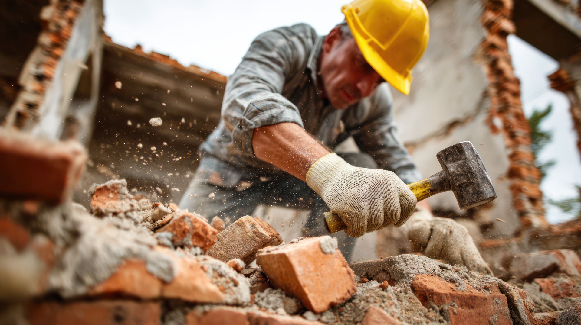 A worker with a hammer demolishing bricks, preparing the site for new masonry repair services.