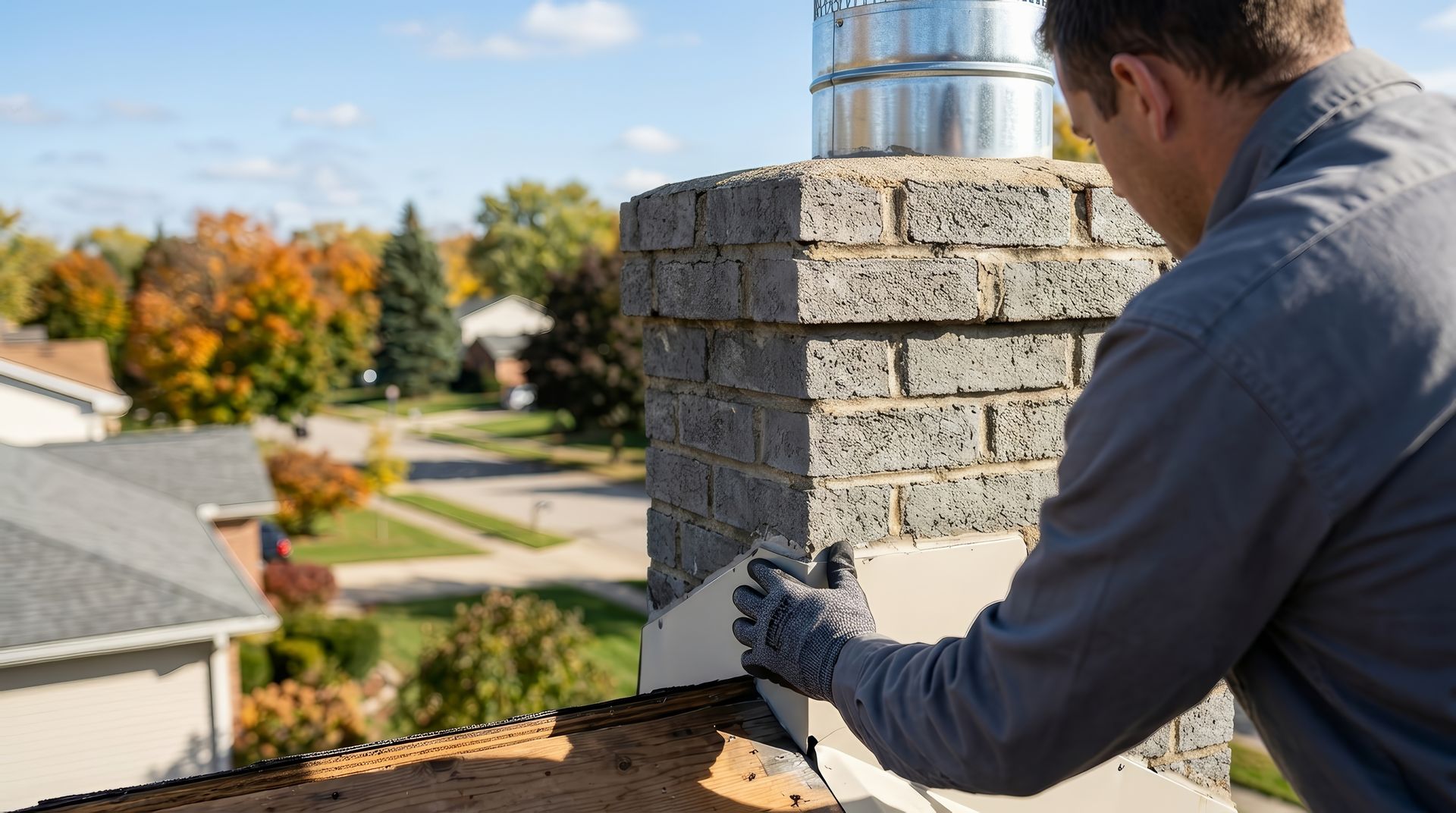 Technician installing a stainless steel chimney liner on a residential rooftop during a chimney repa