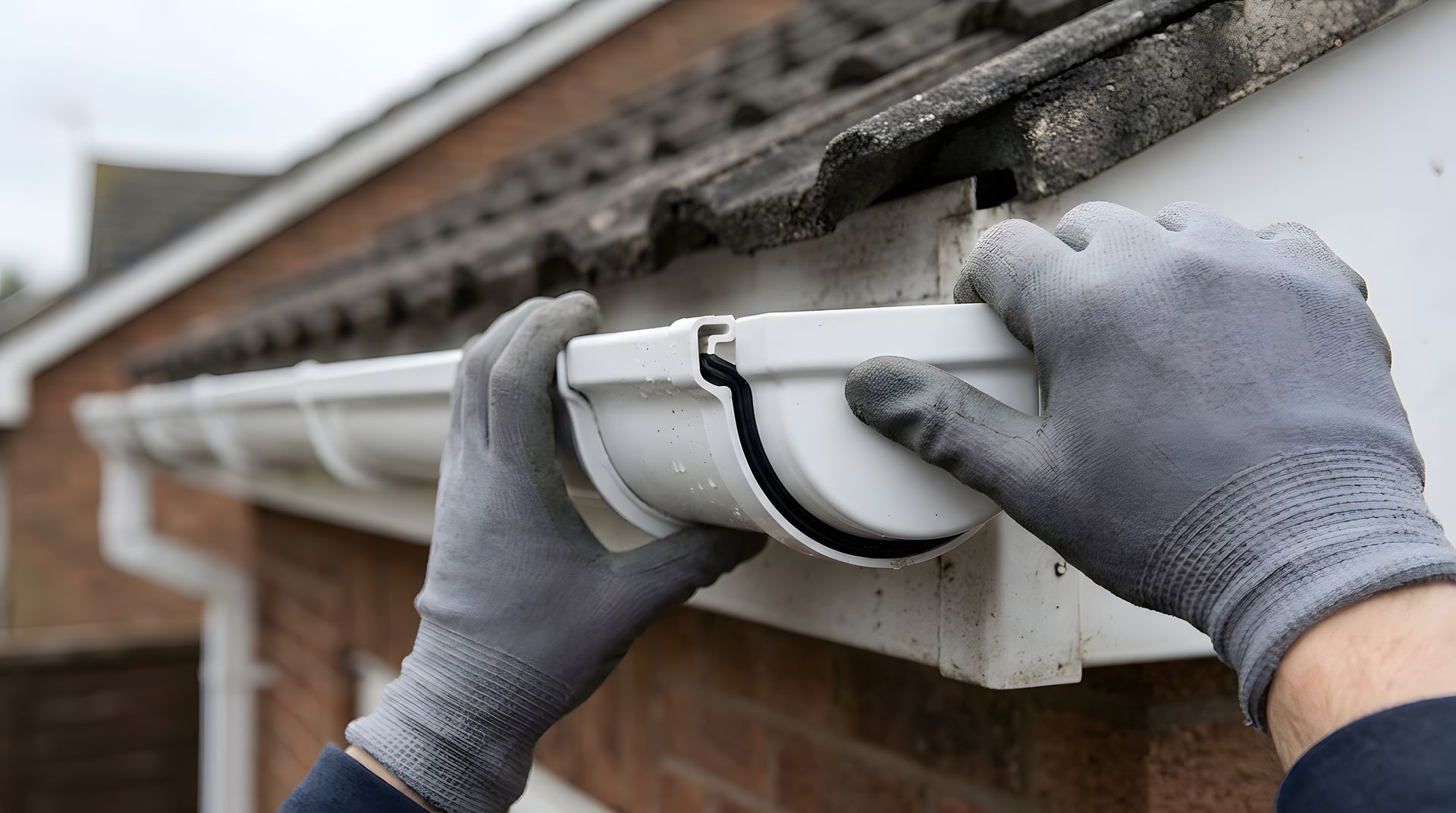 Contractor in gloves installing a gutter section along the roofline of a residential home