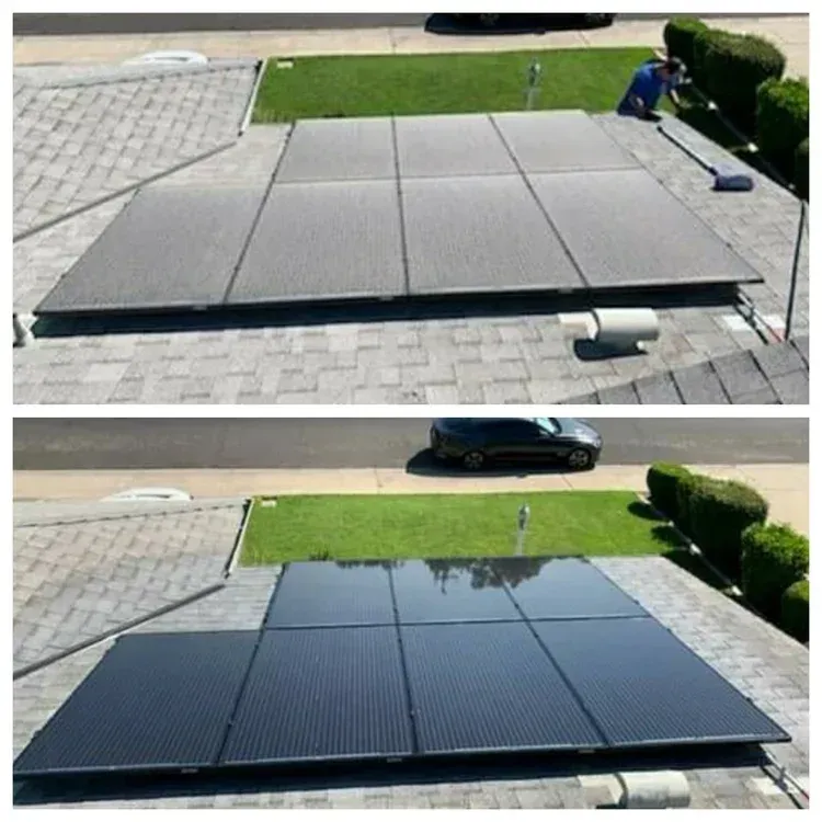 Top: Dusty solar panels. Bottom: Clean solar panels. A worker on the roof is present.