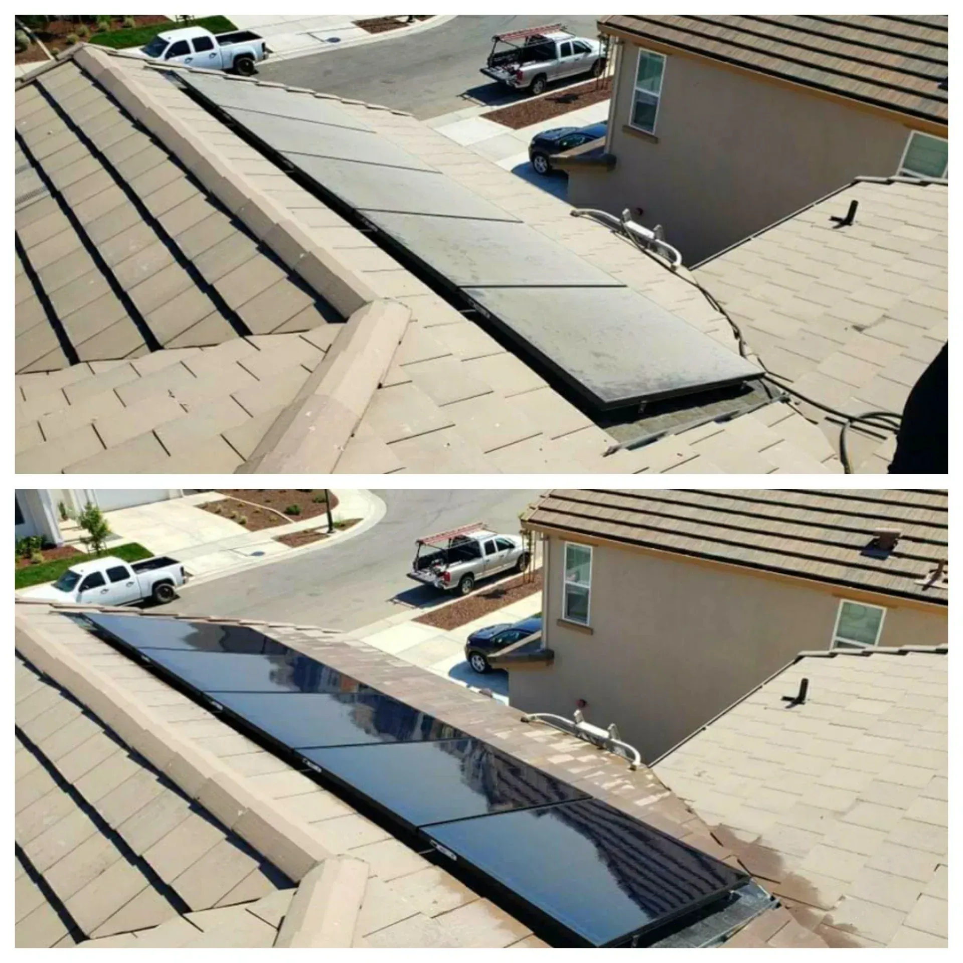 Top: Solar panel installation on a rooftop. Bottom: Newly installed, shiny solar panels.