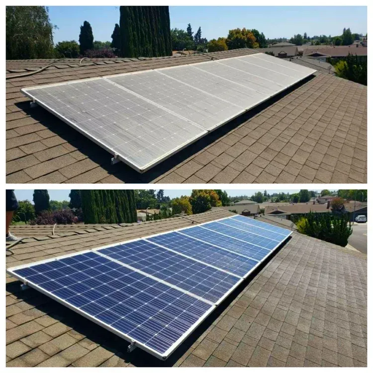 Solar panels on a roof, before and after cleaning. Top panel dusty, bottom panel clean and blue.