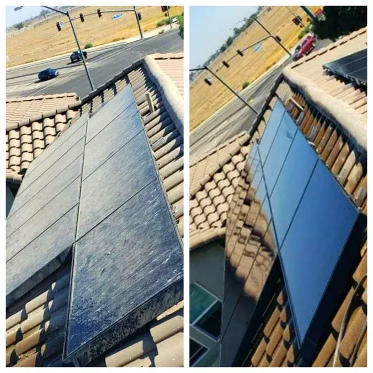 Solar panels on a tile roof, before and after cleaning.