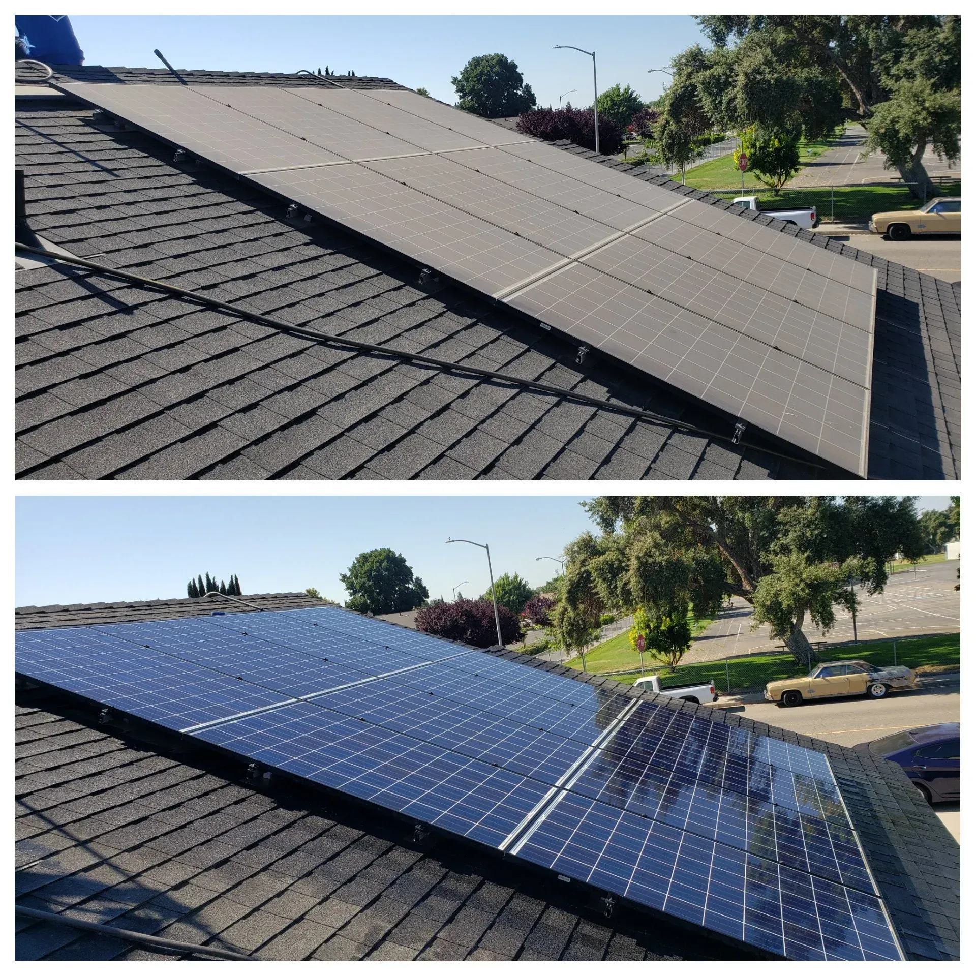Before and after of solar panels on a roof; top panels are dusty, bottom panels clean and reflective.