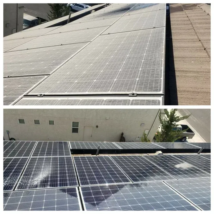 Comparison of dirty solar panels (top) and cleaned solar panels (bottom) on a roof.