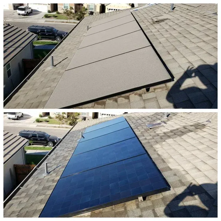 Top: Gray covered solar panels on a roof. Bottom: Blue solar panels on the same roof.