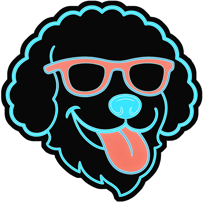 Stylized black dog head with curly fur, sunglasses, and tongue out in neon pink and blue outline