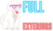 Dog wearing glasses, next to glowing text "FULL EXTERIORS."