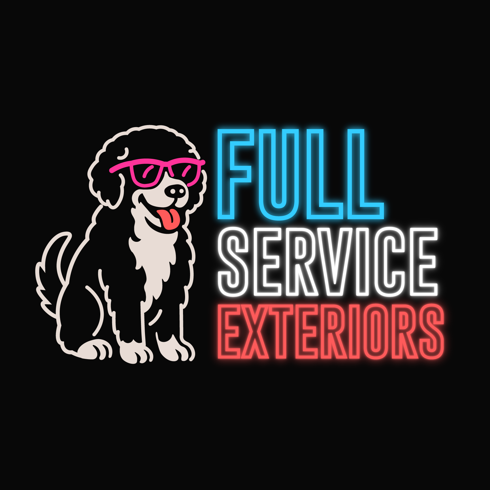 Dog wearing pink sunglasses next to neon text for 