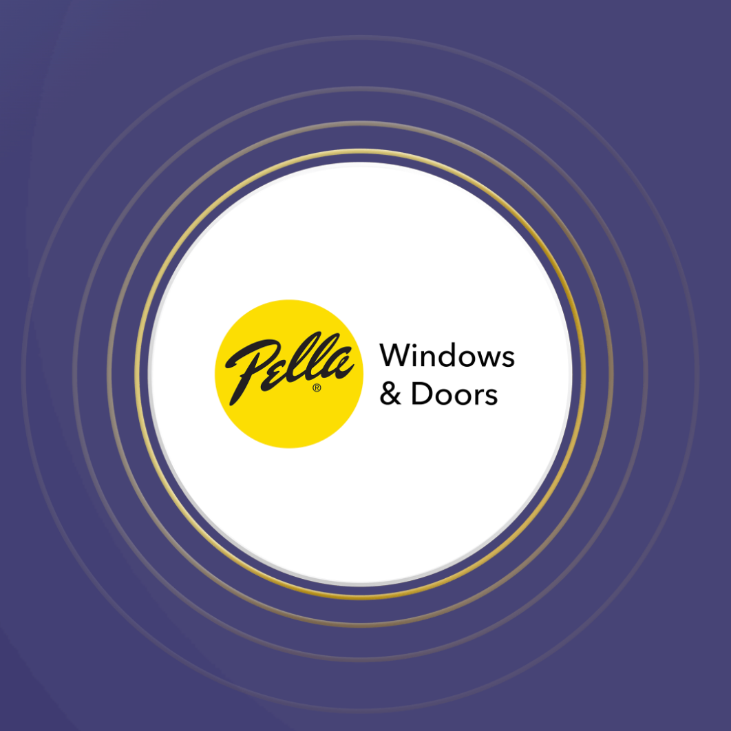 Pella Windows & Doors logo on a white circle, with a yellow circle and script logo on a blue background.