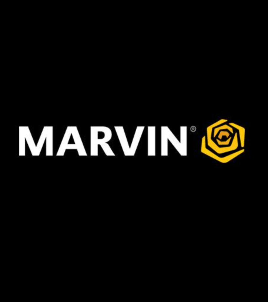 MARVIN logo in white text, with a gold rose icon on a black background.