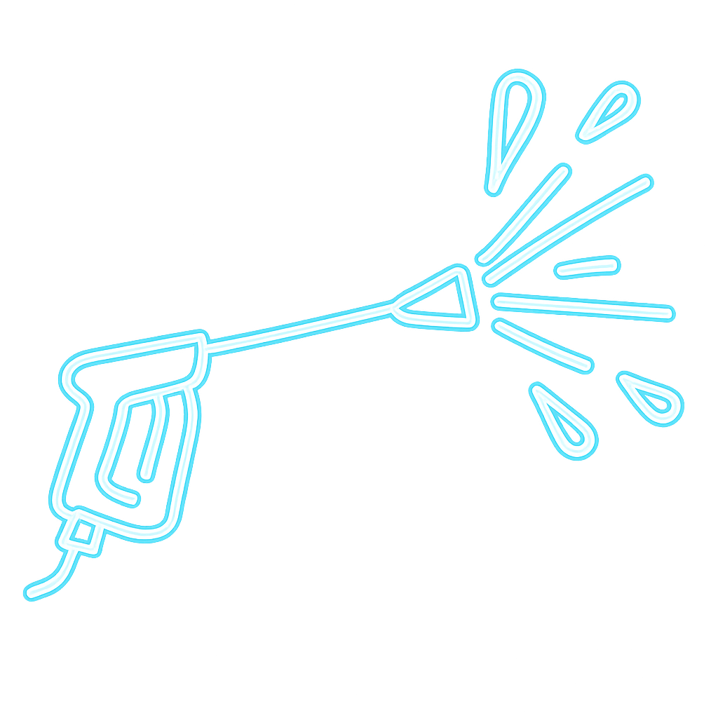 Blue outline of a pressure washer spraying water.