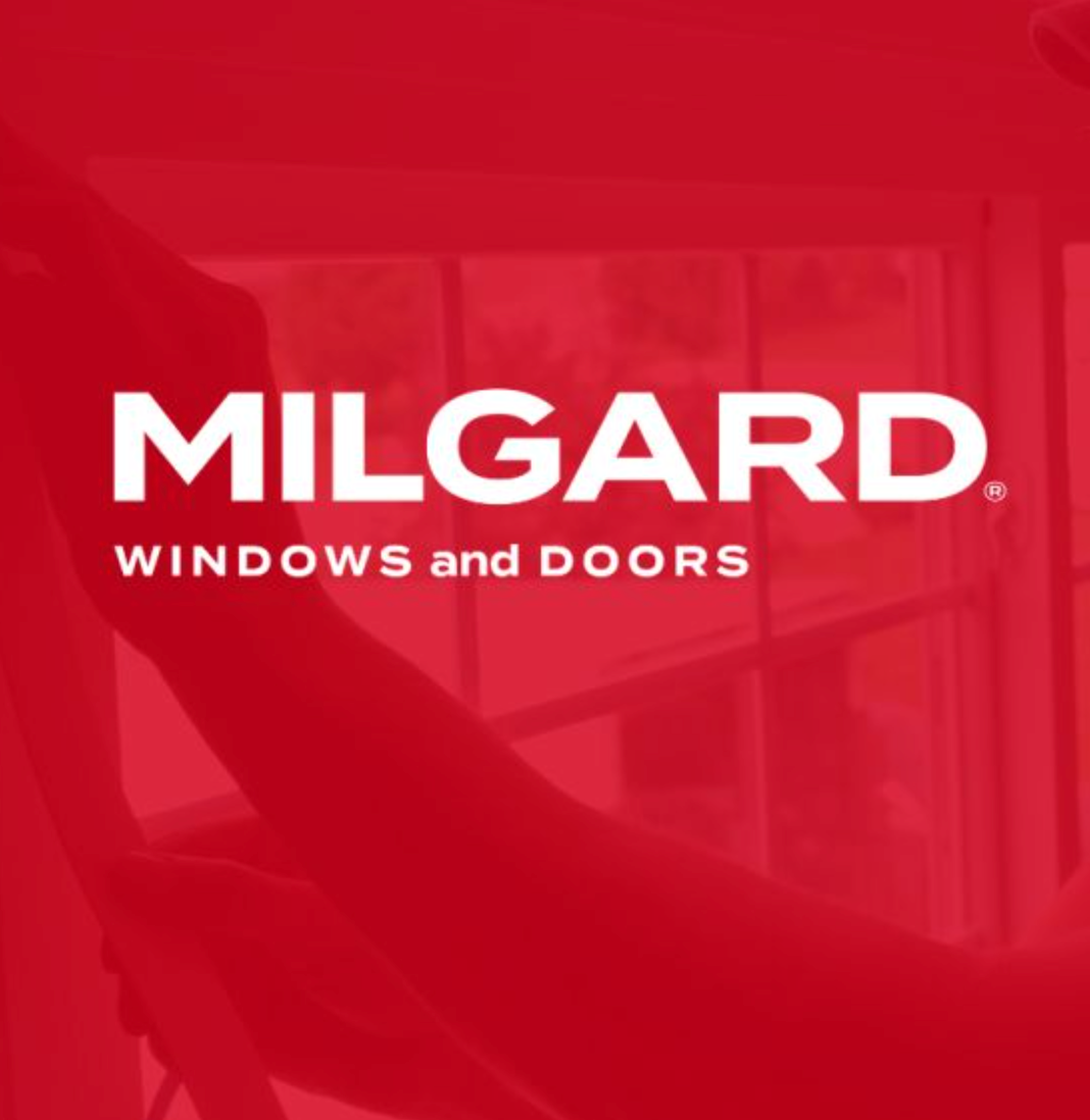 Milgard Windows and Doors logo with red background and a blurred window and arm.