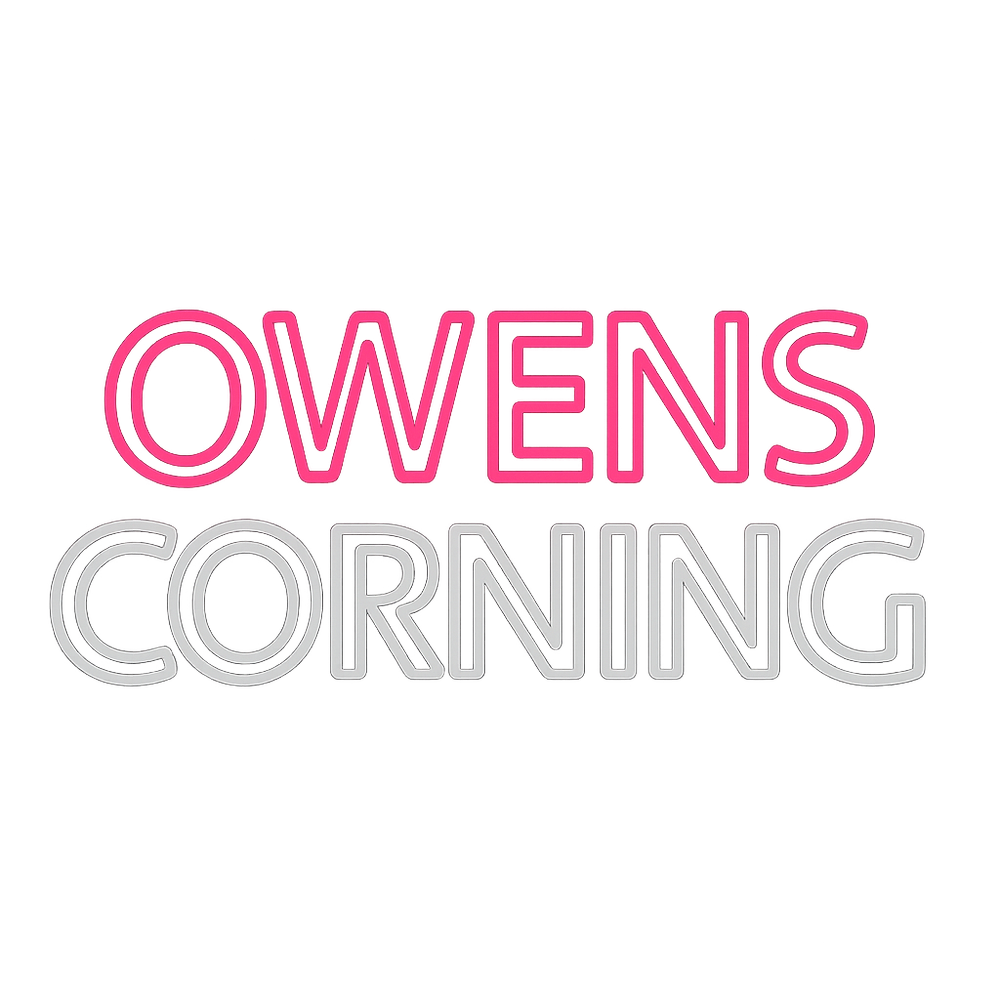 Owens Corning logo in pink and gray outline font.