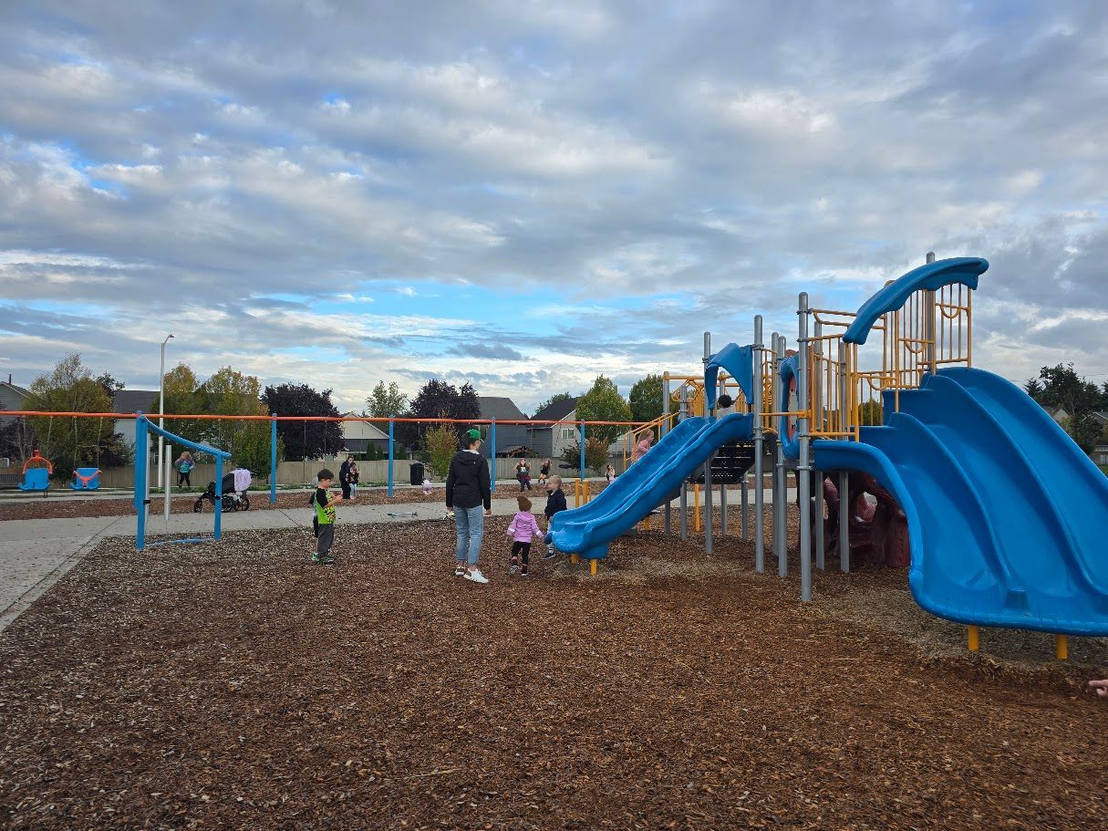 Playground with blue slides, children playing, cloudy sky.
