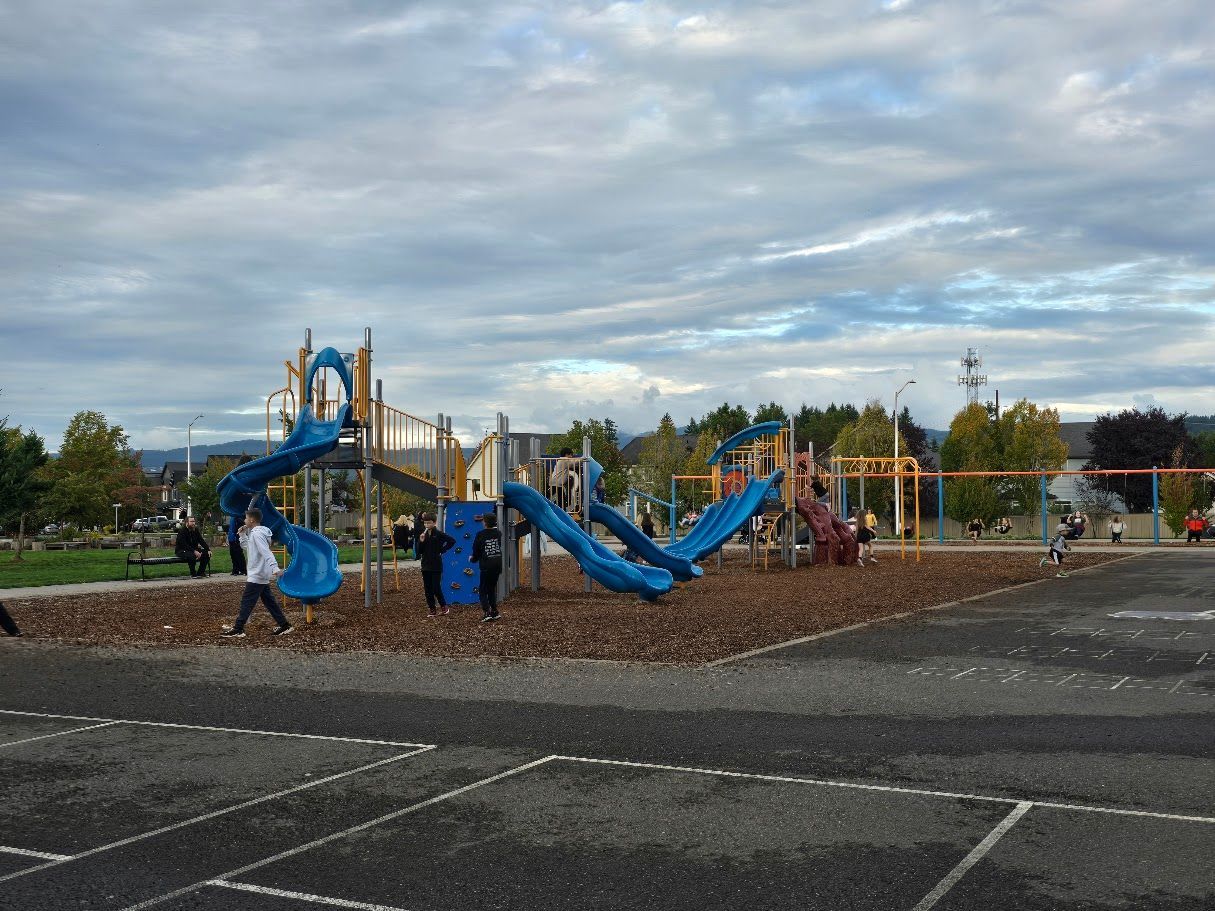 Playground with blue slides, wood chips, children playing, and a cloudy sky.