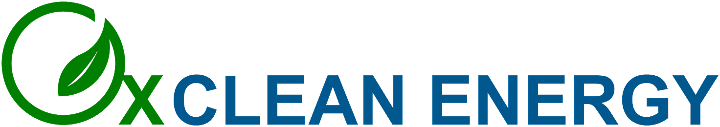 Ox Clean Energy logo with green leaf icon and black-blue text on white background
