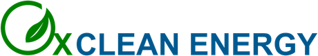 Ox Clean Energy logo with green circular leaf icon and blue text