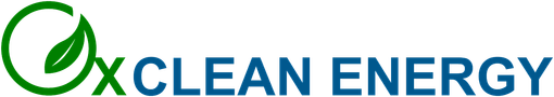 Ox Clean Energy logo with green leaf icon and black-blue text on white background