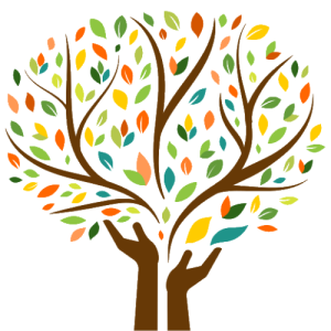 Two hands are holding a tree with colorful leaves