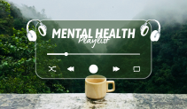 Mental health playlist banner over a misty forest with a steaming mug and music player icons