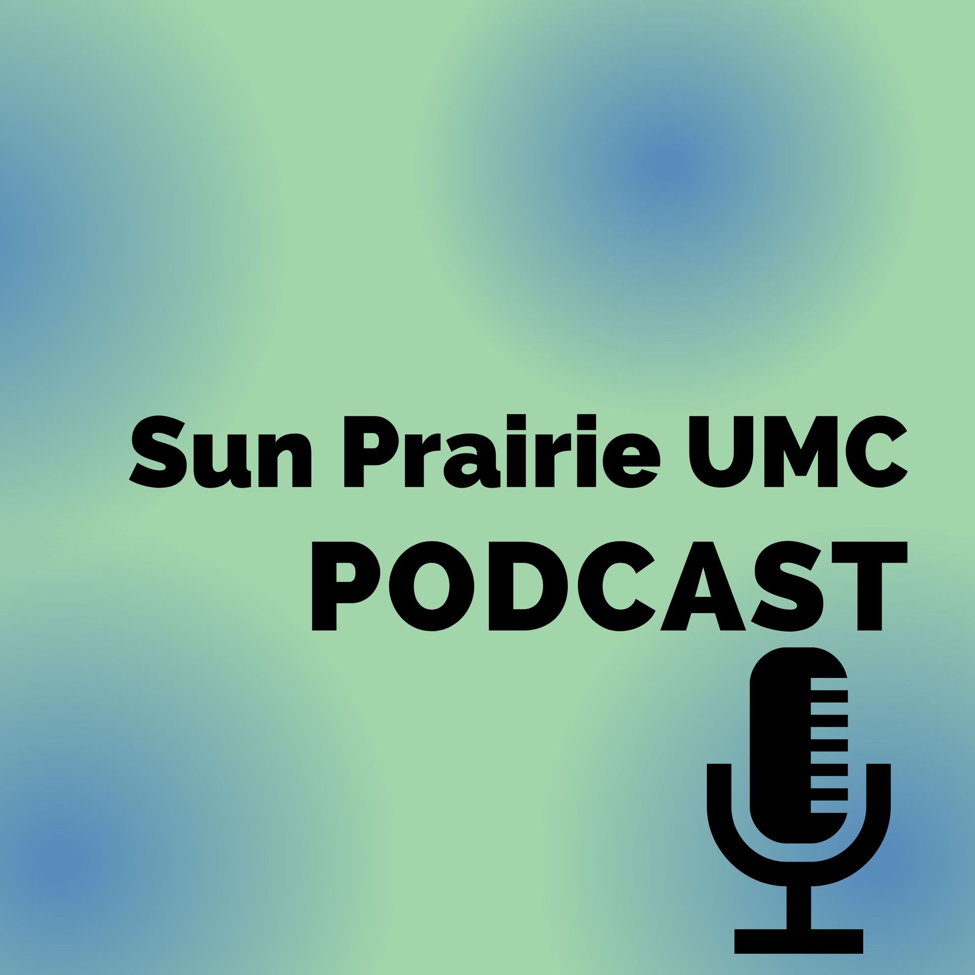 A logo for the sun prairie umc podcast with a microphone