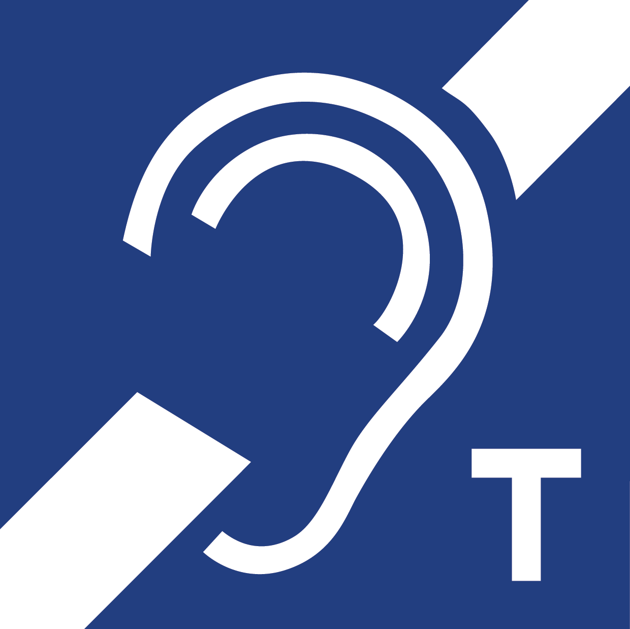 A blue background with a white ear and the letter t