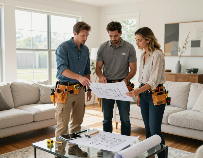 Three workers reviewing floor plans in a bright living room with tools belts and a table of documents
