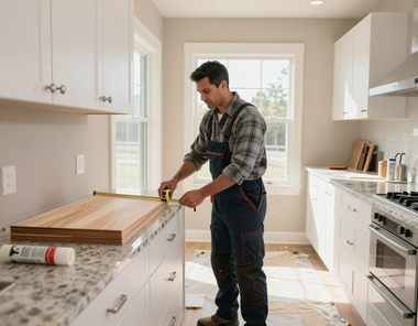 Man measuring a wooden countertop in a bright kitchen under renovation