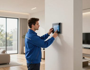 Man in blue jacket using a wall-mounted touchscreen in a bright modern living room