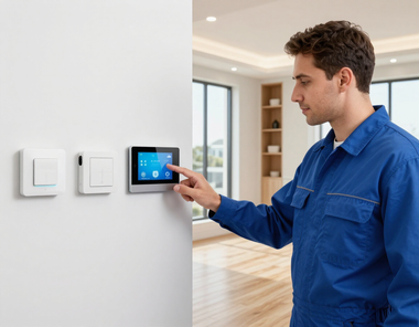 Technician adjusting a smart home control panel beside wall switches in a modern room