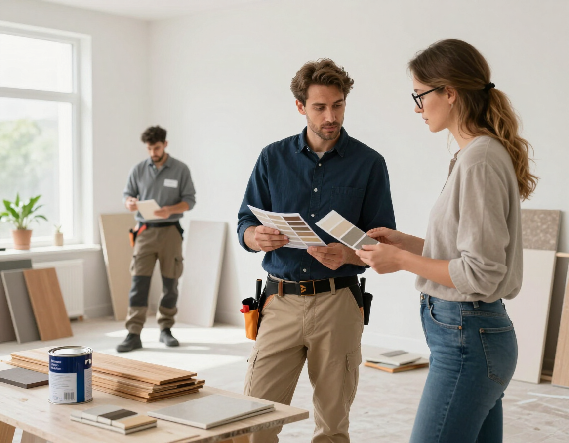 Two people reviewing renovation plans in a bright room, with tools and materials on a table in the foreground