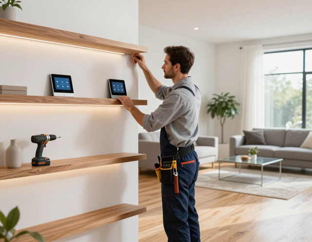 Technician installing floating shelves in a bright living room, with tools and smart displays on the wall.